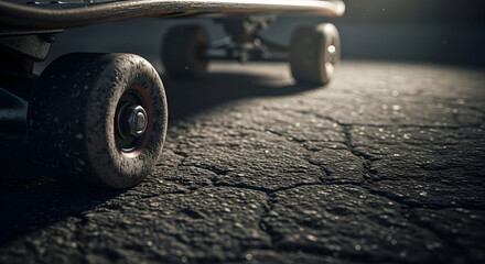 Close up of a skateboard wheel on cracked asphalt at dusk.