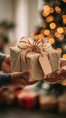 A vertical shot of a beautifully wrapped Christmas gift being handed from one person to another. The focus is on the hands and the gift, which has an elegant ribbon and a tag