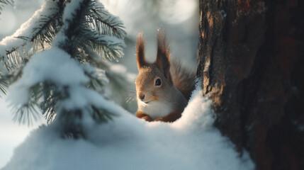 cinematic photograph of an adorable little squirrel peeking out from behind a snow-covered pine tree in a winter forest