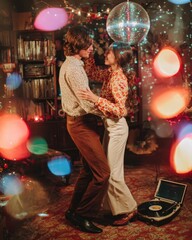 A young couple, dressed in 1970s fashion, slow-dancing in a living room decorated for Christmas. A record player is on the floor, and the room is lit by a disco ball throwing soft