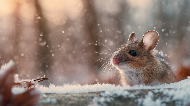 close-up of an adorable wood mouse in the winter forest, with beautiful sunlight and snowflakes