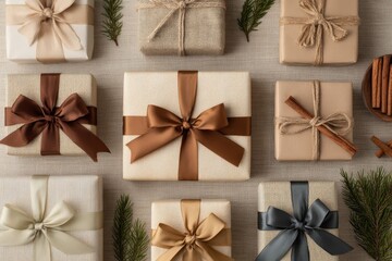 Gift guide flat lay, neatly wrapped boxes with satin bows, pine sprigs, cinnamon sticks, beige linen background, top-down grid, strong copy margin at top, no hands 