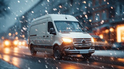 Last-mile delivery van in light snow, neutral paint, motion blur flakes, warm cabin glow, dependable winter logistics mood, clean background 