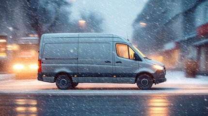 Last-mile delivery van in light snow, neutral paint, motion blur flakes, warm cabin glow, dependable winter logistics mood, clean background 