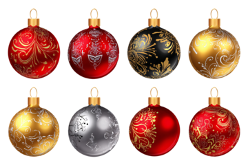 A set of shiny Christmas balls of varying textures and colors. Pattern. Several variations of New Year's decorations on a transparent background. Design element. New Year.