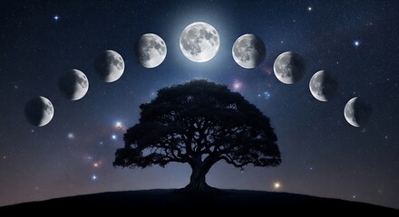 Moon Phases and a Tree at Night.