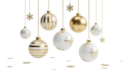 Elegant christmas ornaments in gold and white hanging from above, isolated on transparent background perfect for adding a touch of luxury to your designs