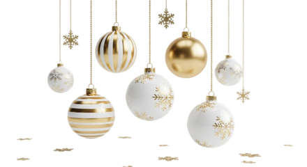 Elegant christmas ornaments in gold and white hanging from above, isolated on transparent background perfect for adding a touch of luxury to your designs