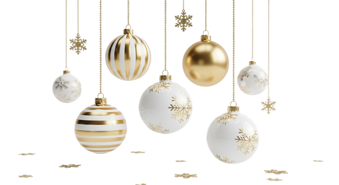 Elegant christmas ornaments in gold and white hanging from above, isolated on transparent background perfect for adding a touch of luxury to your designs - Powered by Adobe