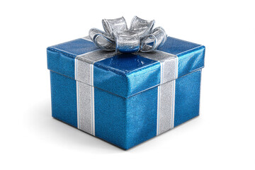 A gift box wrapped in shiny blue paper with a silver ribbon and bow on a transparent background. New Year. Retail gift. Design element.