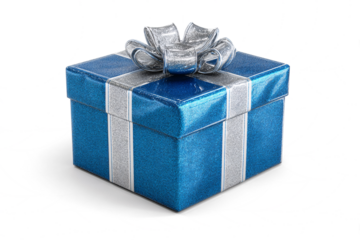 A gift box wrapped in shiny blue paper with a silver ribbon and bow on a transparent background. New Year. Retail gift. Design element.
