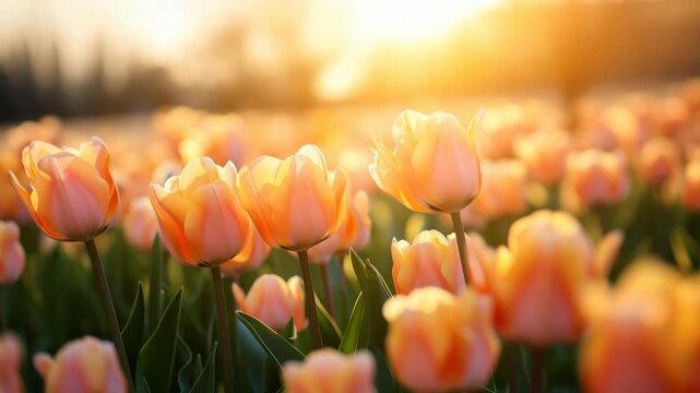 A serene video captures a low-angle view of tulips bathed in warm, golden sunlight, creating a dreamy and tranquil floral scene. Live desktop wallpaper.