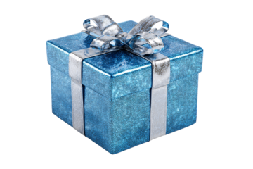 A gift box wrapped in shiny blue paper with a silver ribbon and bow on a transparent background. New Year. Retail gift. Design element.