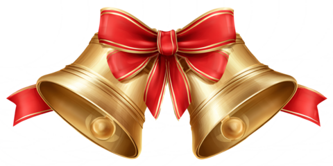 Golden Christmas bells with a red ribbon and bow. Holiday decoration isolated on a transparent background. Design element. Shiny New Year's decor.