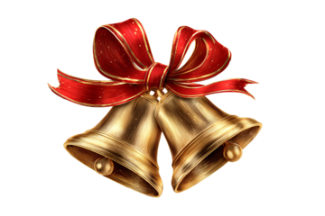 Golden Christmas bells with a red ribbon and bow. Holiday decoration isolated on a transparent background. Design element. Shiny New Year's decor.