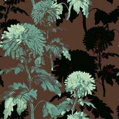 Floral seamless pattern with transparent chrysanthemums flowers in trendy brown tones. Contemporary vintage art wallpaper, bedding, textile, apparel fabric, poster, package.