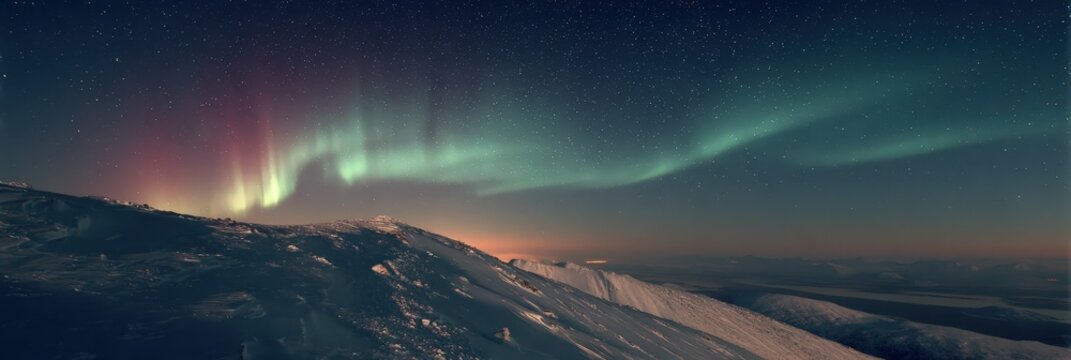 Northern lights over snowy ridge, gentle aurora curtains, soft stars, clean horizon, no settlements - Powered by Adobe