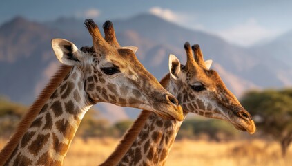 Obraz premium Two giraffes stand side-by-side in golden sunlight, with a mountain range in the background