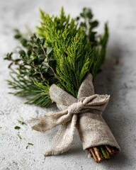 Scented cedar and pine bundle tied with linen ribbon, macro textures, high-key background, natural palette, clean background asset 