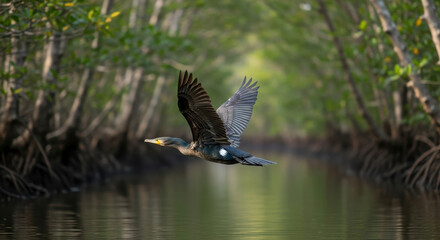Fototapeta premium Great Cormorant Bird Flying Over Water Among Mangrove Trees