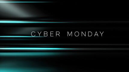 Sleek "Cyber Monday" abstract banner background, black on black with subtle neon cyan lines, glossy reflective podium, depth haze, wide negative space for copy, no people