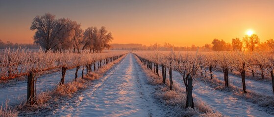 Snow-blanketed vineyard rows at sunrise, golden haze, leading lines, tranquil winter agriculture scene, banner-friendly 