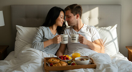 Couple enjoying breakfast in bed with coffee mugs that say “Love 2026”, cozy Valentine’s Day morning