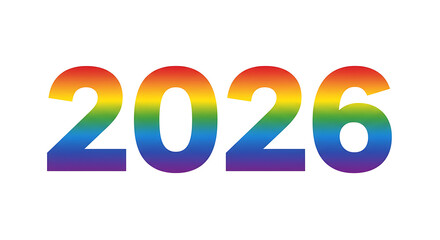 Vector typography “2026” in bold, modern font, filled with colorful gradient rainbow tones, isolated on white background