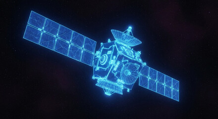 Digital blue satellite with solar panels and antenna floating in the dark expanse of space view