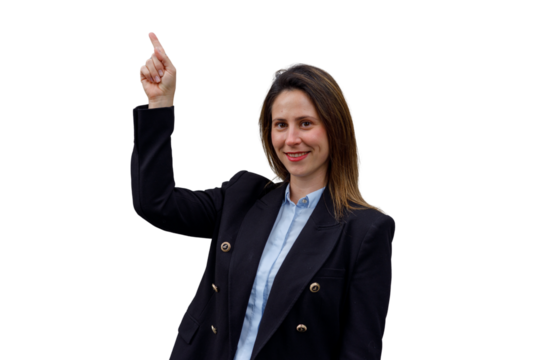 Businesswoman posing with index finger pointing up showing success, idea, and achievement notion