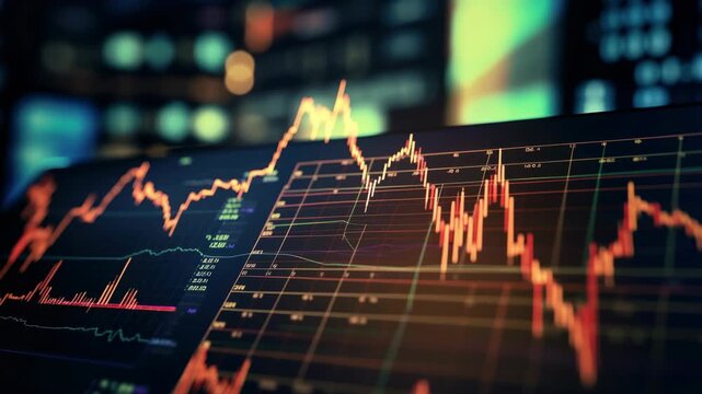 Dynamic video still of a stock market chart, captured from a low angle. The vibrant lines and data convey financial analysis and trends. Live desktop wallpaper.