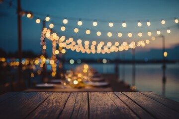 Summer festive table at dusk, string lights bokeh, celebratory mood, copy-safe top area, no people 