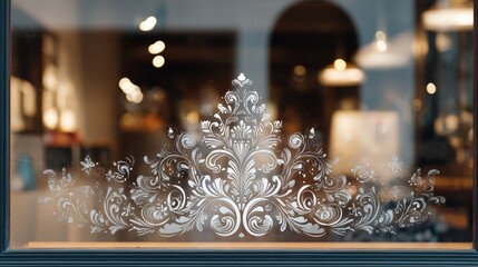 Storefront window decal background, frosted motif, reflection realism, ample copy space, no people