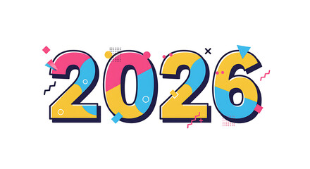 Creative typography “2026” with abstract geometric shapes and playful colors integrated into numbers, vector isolated on white background