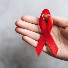 World AIDS Day (Dec 1): A close-up of a hand holding a red ribbon, the universal symbol of awareness and support for people living with HIV. The background is soft and neutral. 