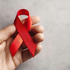 World AIDS Day (Dec 1): A close-up of a hand holding a red ribbon, the universal symbol of awareness and support for people living with HIV. The background is soft and neutral