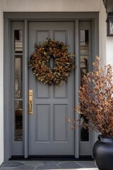 Wreath on modern door, matte paint, brass hardware, shallow depth, premium look, no house numbers
