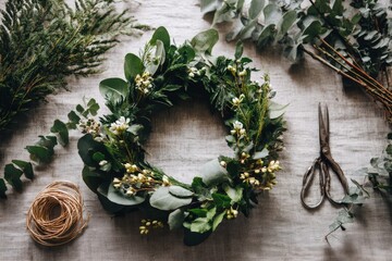 Wreath-making workshop flat lay: floral wire, shears, cedar, eucalyptus on linen, overhead soft light, spacious negative space 