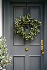 Wreath on modern door, matte paint, brass hardware, shallow depth, premium look, no house numbers