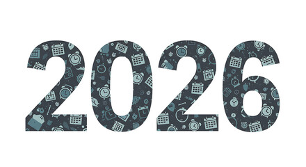 Vector typography “2026” filled with small icons of clocks and calendar pages, symbolizing time and new year, isolated on white background