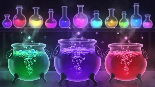 Glowing cauldrons in green, purple, and red with bubbling potions and a row of colorful flasks above on a dark Halloween spooky background with mystical ambiance.