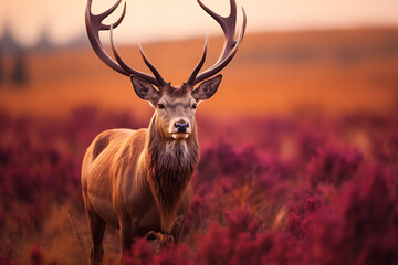 stag standing in vibrant pink heather during sunset, surrounded by autumn foliage
