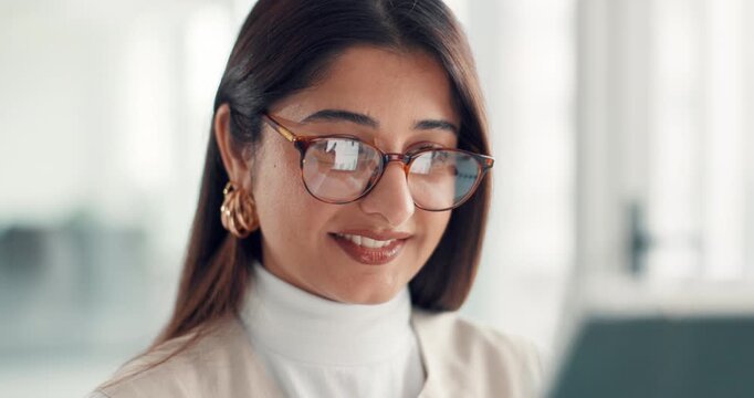 Businesswoman, glasses reflection or tablet in office for app development, web design and UI. Digital designer, person or happy with tech screen for usability assessment, site test or software update
