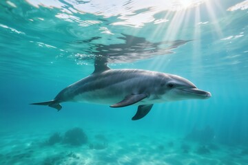 Fototapeta premium Dolphin Underwater Ocean Swimming Sun Rays Marine Life