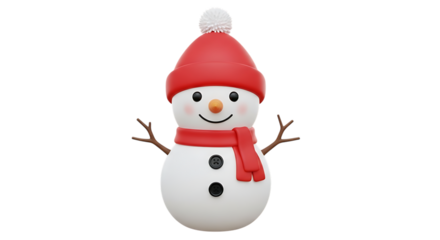Cheerful snowman isolated on transparent background with red hat and scarf, featuring a classic design for winter holidays and seasonal greetings