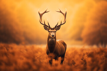 stag standing in a vibrant red field at sunset, with soft hills in the background
