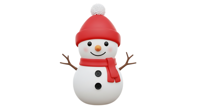 Cheerful snowman isolated on transparent background with red hat and scarf, featuring a classic design for winter holidays and seasonal greetings