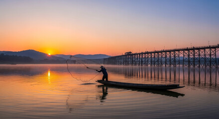 Obraz premium Fisherman Casting Net Sunrise River Wooden Bridge Mist