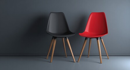 Two modern chairs, one black and one red, against a dark gray wall and floor