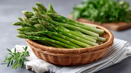 Fresh green asparagus spears in wicker basket